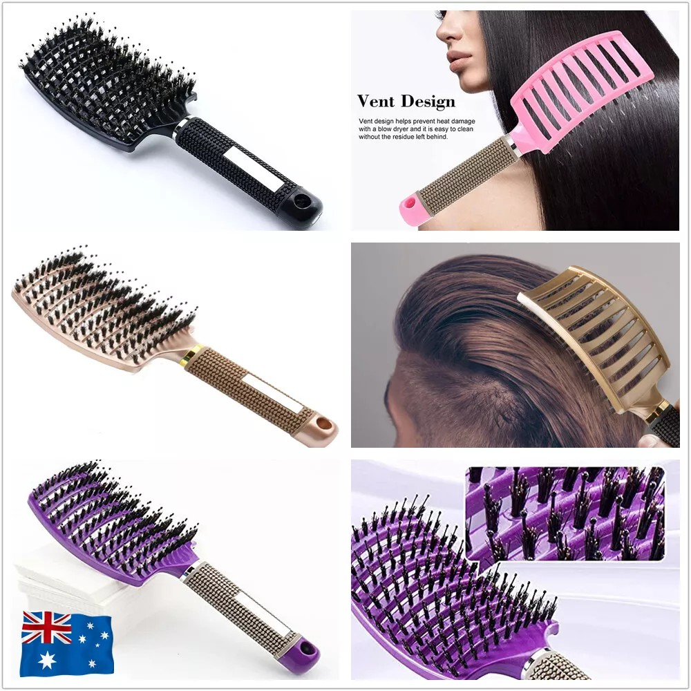 Detangle Nylon Boar Bristle Brush | Hairbrush Smooth Hair | Head Scalp Massage Comb | Black