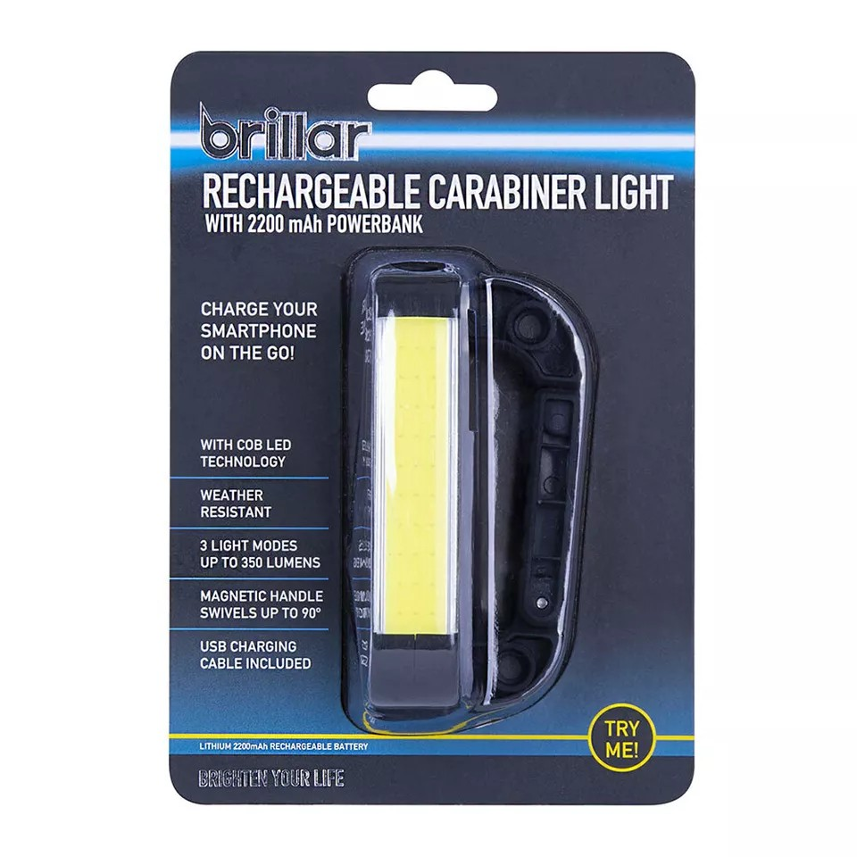 Brillar Rechargeable LED Light & Powerbank | 3-mode Magnetic Handle Carabiner | 90 Degree Swivel