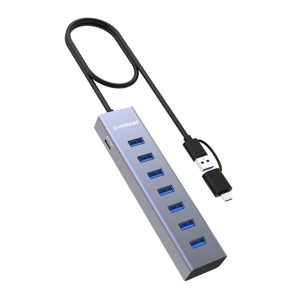 Mbeat 7-Port USB Hub | Dual USB-A & USB-C Connector Silver | 2-in-1 connector |  enabling quick charging of smartphones, tablets, and other USB devices | supporting modern and legacy devices