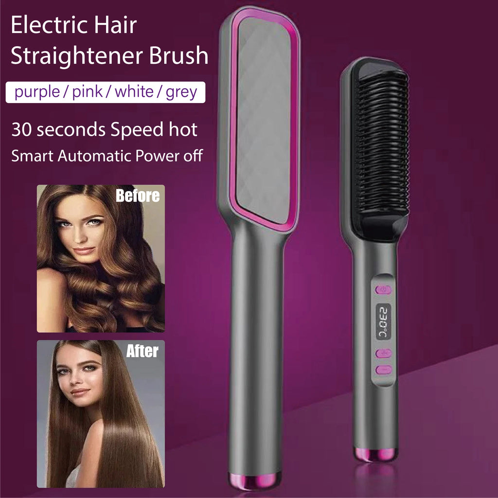 2 In1 Negative-ion Hair Straightener Brush | Curling Salon Styling Comb Ceramic | Purple