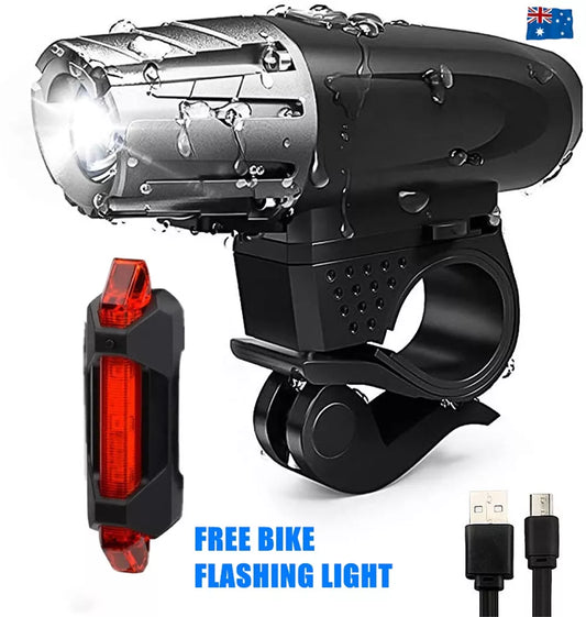 Rechargeable LED Bike Bicycle Light | USB Waterproof Front Headlight & Back Tail Lights | Emergency Flashlight