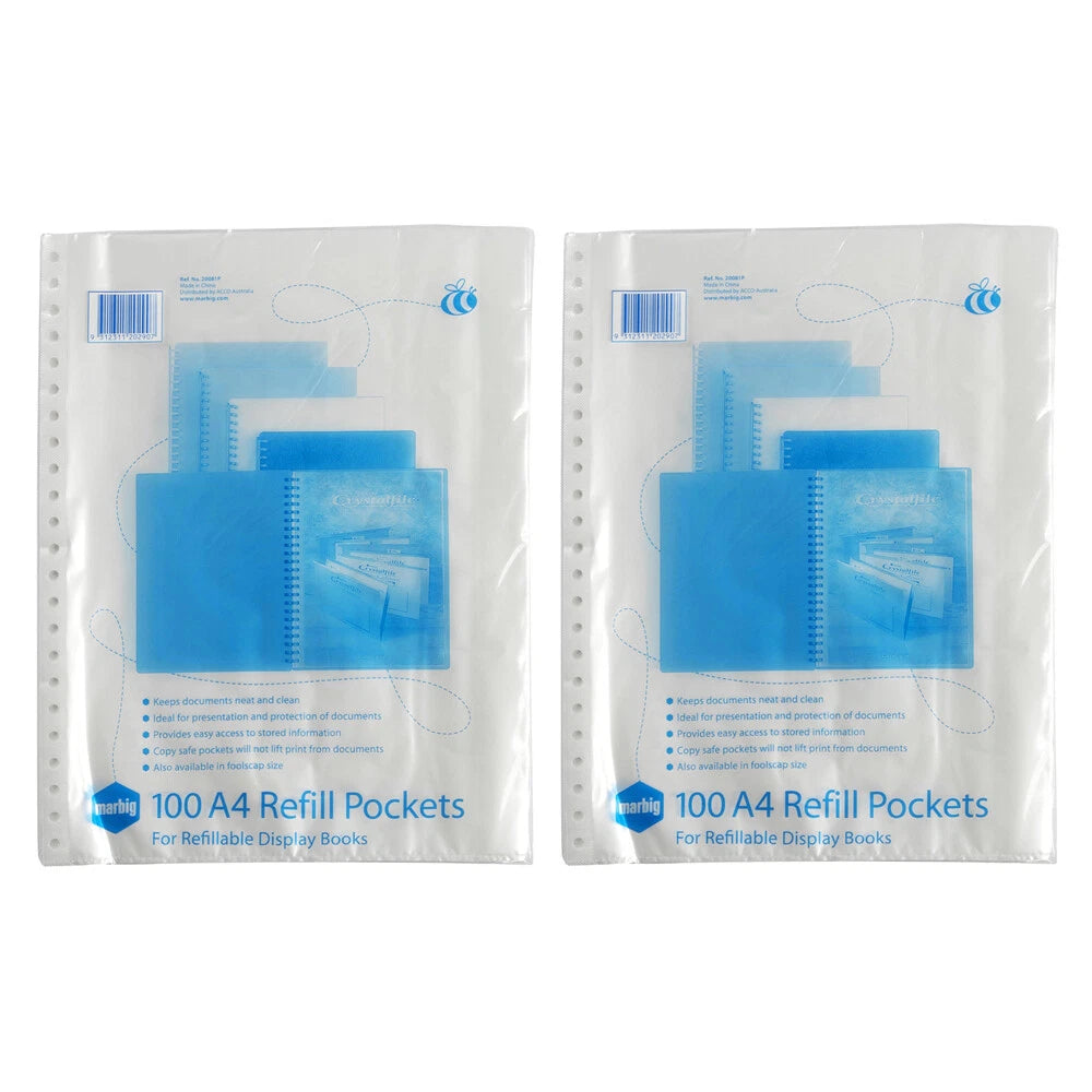 2x 100pc Marbig A4 File Display Book Refill Pocket Sleeve Sheet Protectors Clear
