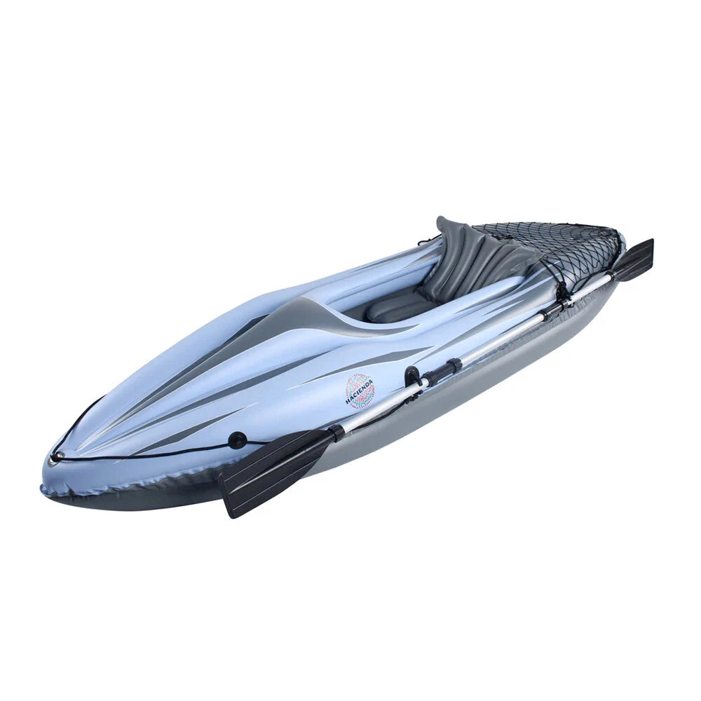 Inflatable Kayak 274cm Long | Single Seat Hacienda Blow Up Kayak | Aluminum Oar & Pump incl | Equipped with Cargo Net for Extra Storage |