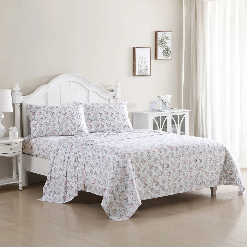 Laura Ashley Geneva Printed King Bed Size Sheet Set w/ 2x Pillowcase Blush/Grey