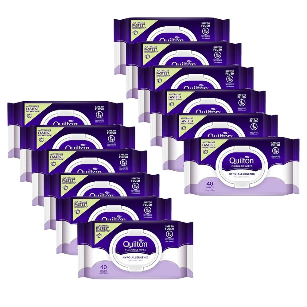 Quilton Flushable Wet Wipes 12x 40pc | Hypo-Allergenic Fragrance Free 20x15cm