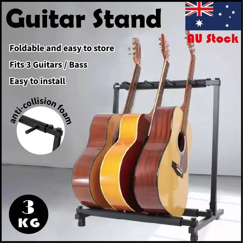 Guitar Stand Fits 3 Guitars | Bass Display Rack | Metal Contrsuction | anti-collision foam | Non-Slip