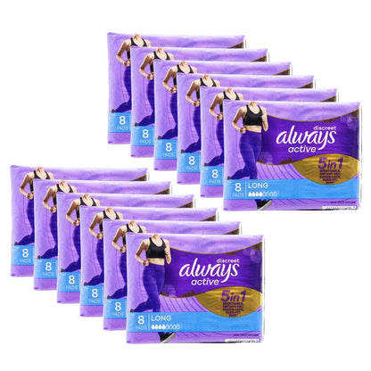 Always Menstrual Pads Long | 12x 8pc Always Discreet Soft Active Sanitary | Odorlock Technology - Neutralises odours|