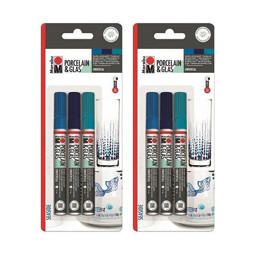2x 3pc Marabu Art/Craft Porcelain & Glass Painter Marker Set Seaside