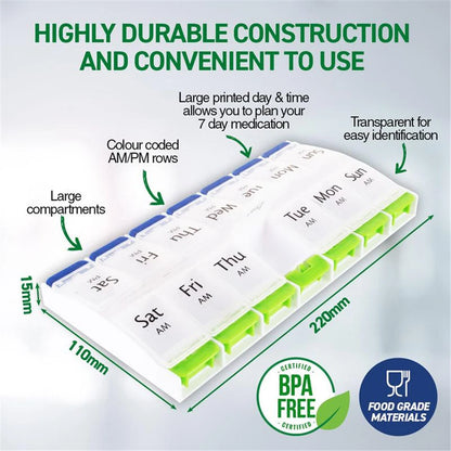 Pill Box Dispenser 7-Day | AM/PM Medication Organiser | Weekly Tablet Case 1Pc