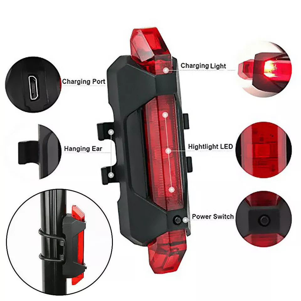 Rechargeable LED Bike Bicycle Light | USB Waterproof Front Headlight & Back Tail Lights | Emergency Flashlight