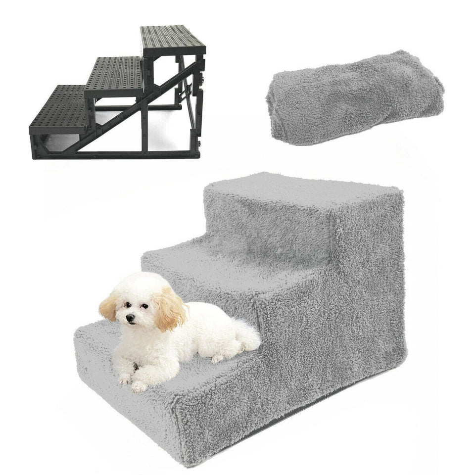Pet Stairs 3 Steps Easy Assemble | Portable Cat Dog Ladder w/ Cover | Step Ramp Climb For Pup Play