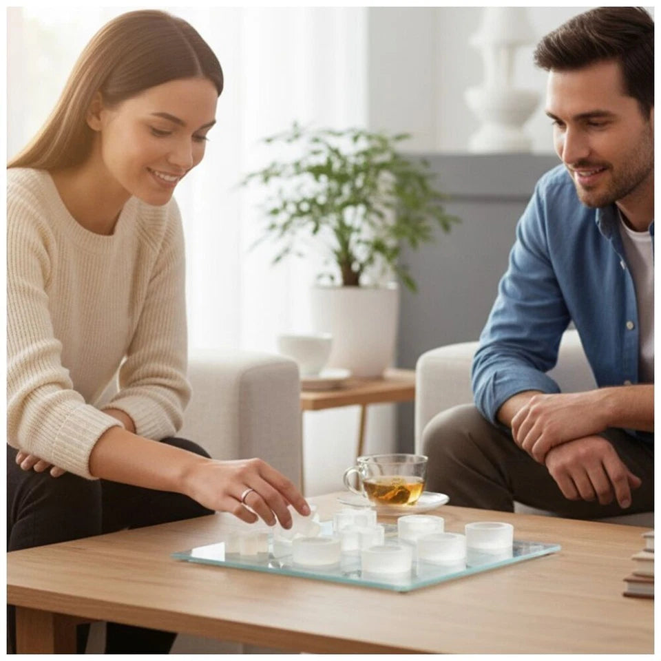 Karson Glass 9pc Tic Tac Toe | Classic Board Game Set | Stylish & Modern Frosted Glass