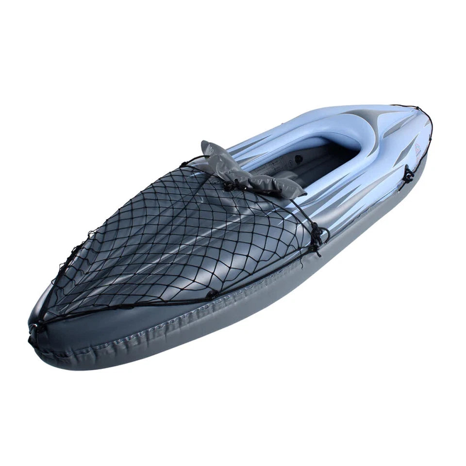 Inflatable Kayak 274cm Long | Single Seat Hacienda Blow Up Kayak | Aluminum Oar & Pump incl | Equipped with Cargo Net for Extra Storage |