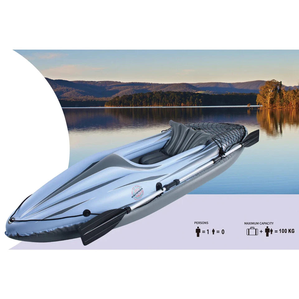 Inflatable Kayak 274cm Long | Single Seat Hacienda Blow Up Kayak | Aluminum Oar & Pump incl | Equipped with Cargo Net for Extra Storage |