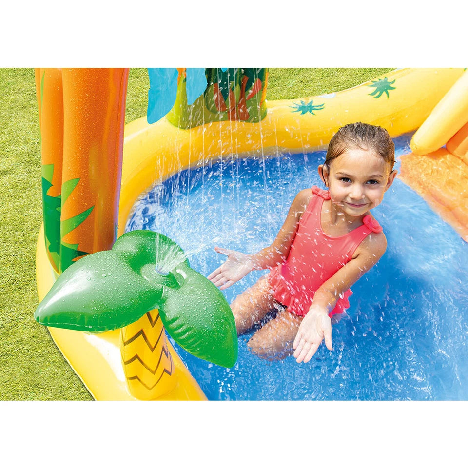 Intex Dinosaur Inflatable Swimming Pool | Size 249x191cm Play Centre | Suitable for Kids 3y+ | Six Colourful Balls and Volcano