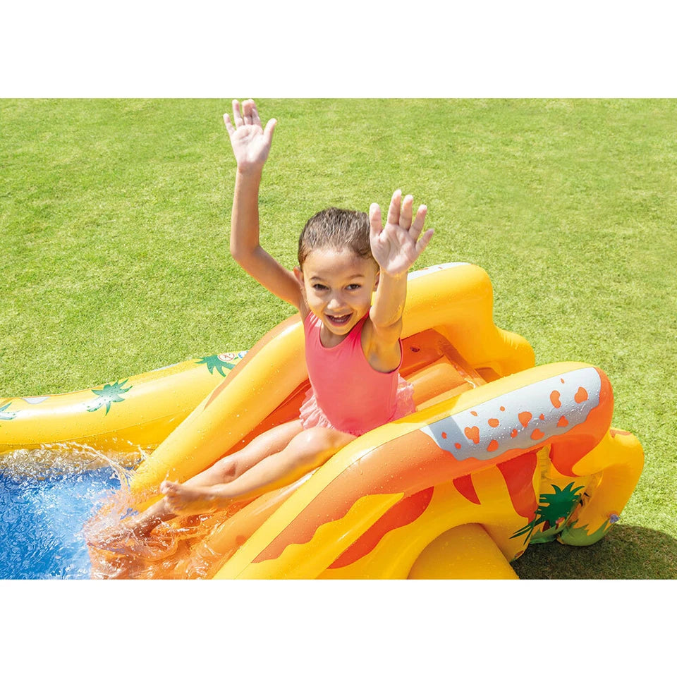 Intex Dinosaur Inflatable Swimming Pool | Size 249x191cm Play Centre | Suitable for Kids 3y+ | Six Colourful Balls and Volcano