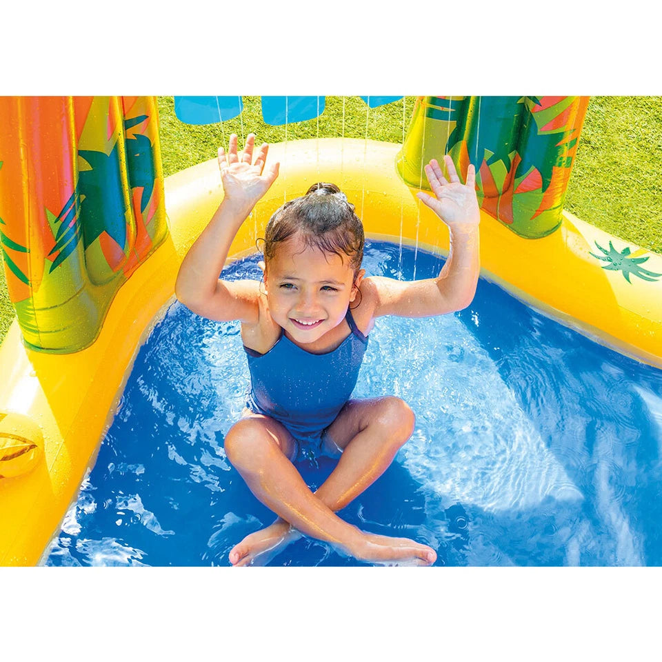 Intex Dinosaur Inflatable Swimming Pool | Size 249x191cm Play Centre | Suitable for Kids 3y+ | Six Colourful Balls and Volcano