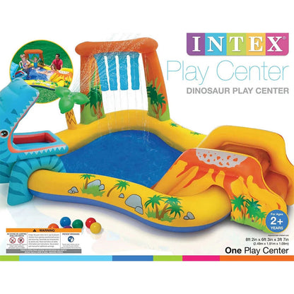 Intex Dinosaur Inflatable Swimming Pool | Size 249x191cm Play Centre | Suitable for Kids 3y+ | Six Colourful Balls and Volcano