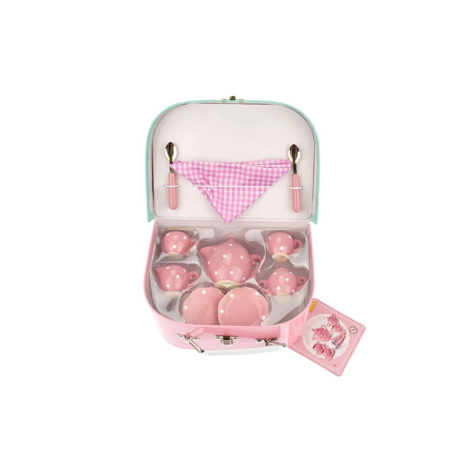 Kaper Kidz Pink Polka Dot Porcelain Tea Set | 13 Pcs Kids/Children Play Toy | Porcelain Tea Party Set |