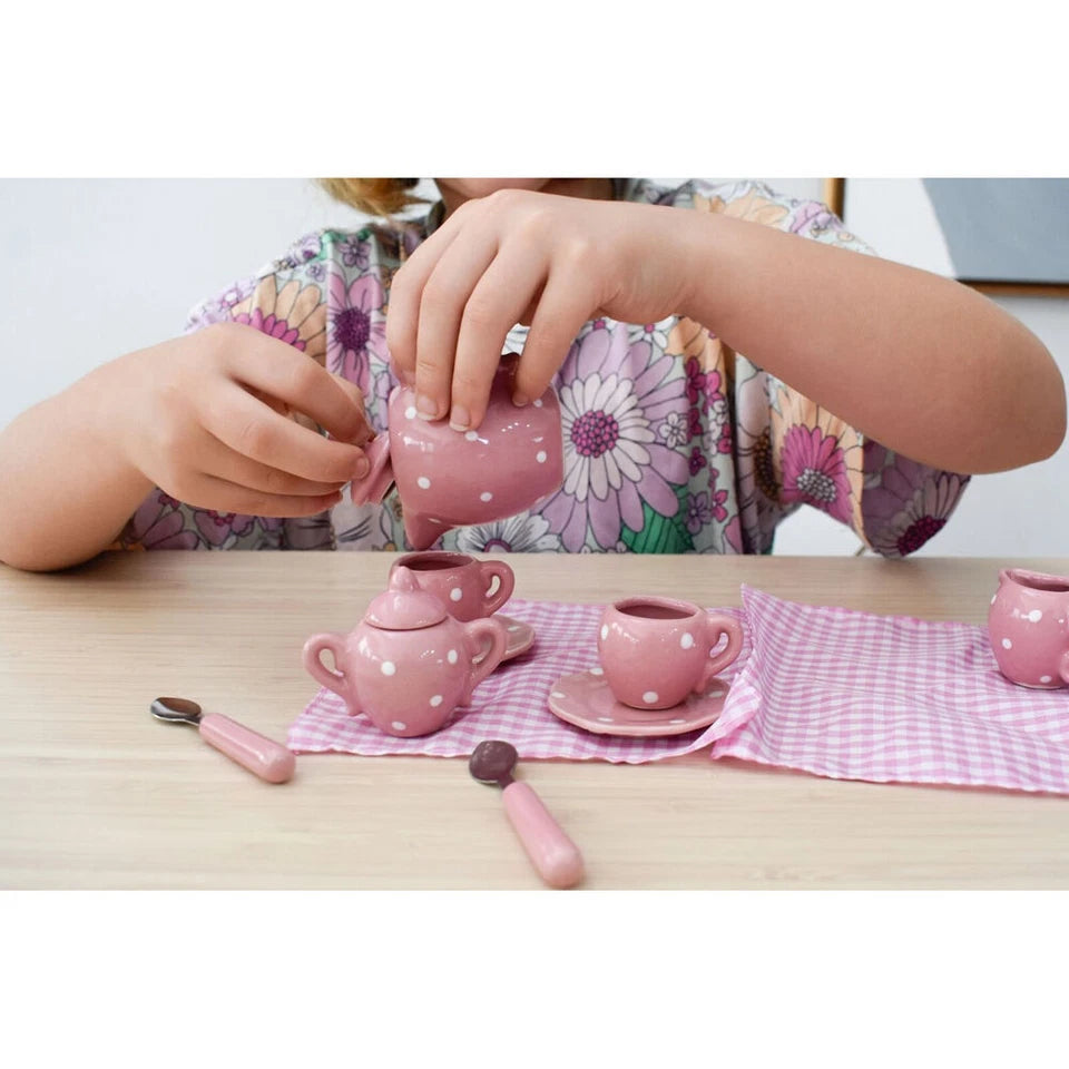 Kaper Kidz Pink Polka Dot Porcelain Tea Set | 13 Pcs Kids/Children Play Toy | Porcelain Tea Party Set |