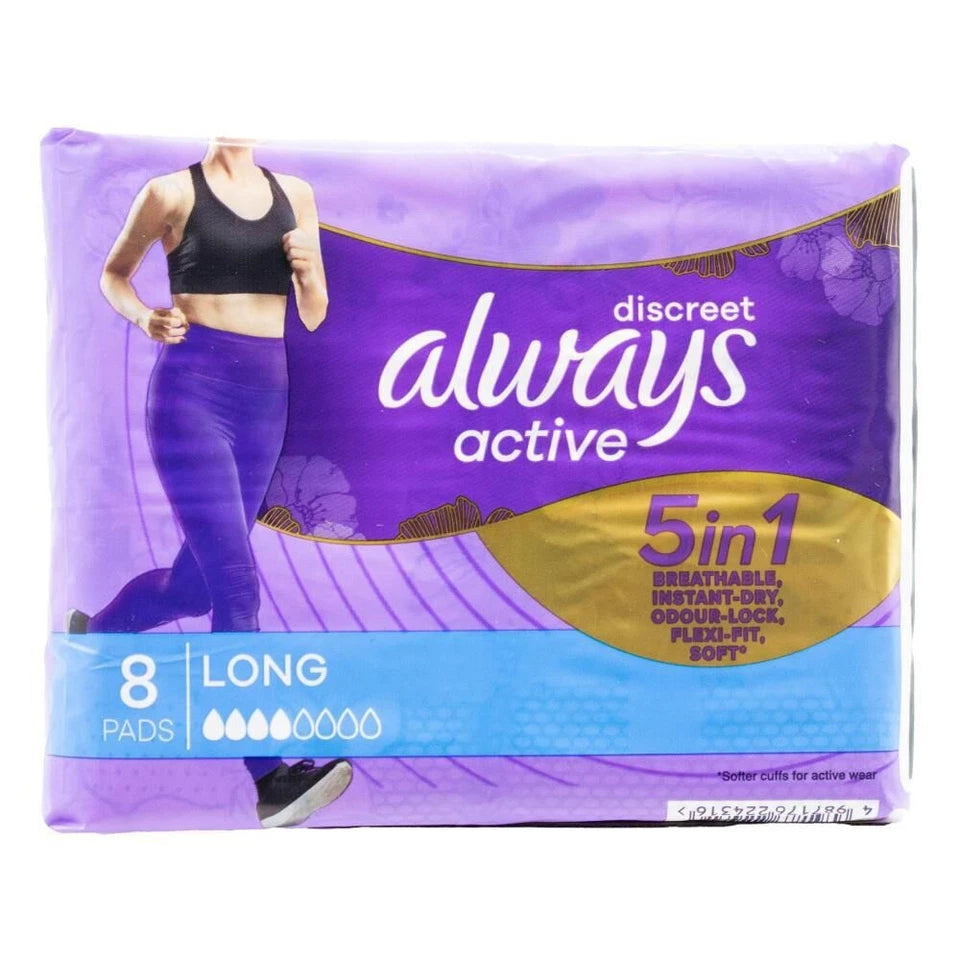 Always Menstrual Pads Long | 12x 8pc Always Discreet Soft Active Sanitary | Odorlock Technology - Neutralises odours|