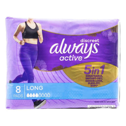 Always Menstrual Pads Long | 12x 8pc Always Discreet Soft Active Sanitary | Odorlock Technology - Neutralises odours|