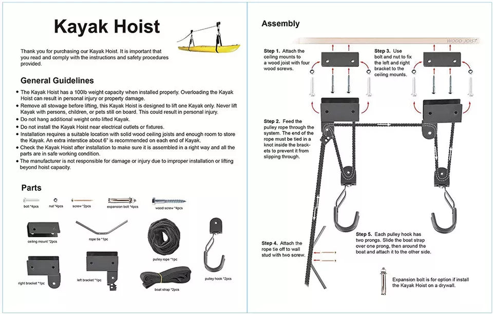 Stainless Steel Kayak/Bike Hoist | Lift Pulley System | Garage Ceiling Storage Rack | Capacity 56.7 Kg (125LBS)