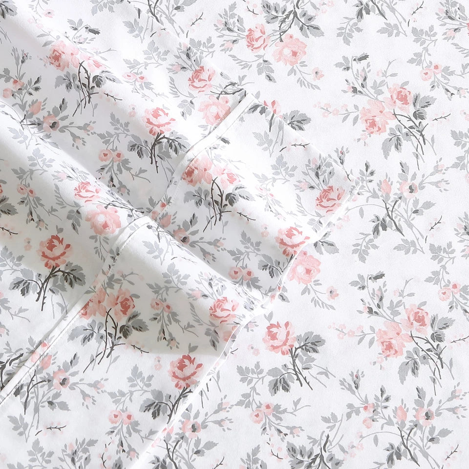 Laura Ashley Geneva Printed King Bed Size Sheet Set w/ 2x Pillowcase Blush/Grey