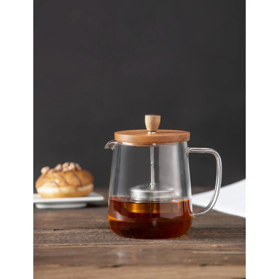 Leaf & Bean Naples Teapot with Acacia Lid & Infuser | Borosilicate Glass Jug | Stainless Steel Infuser