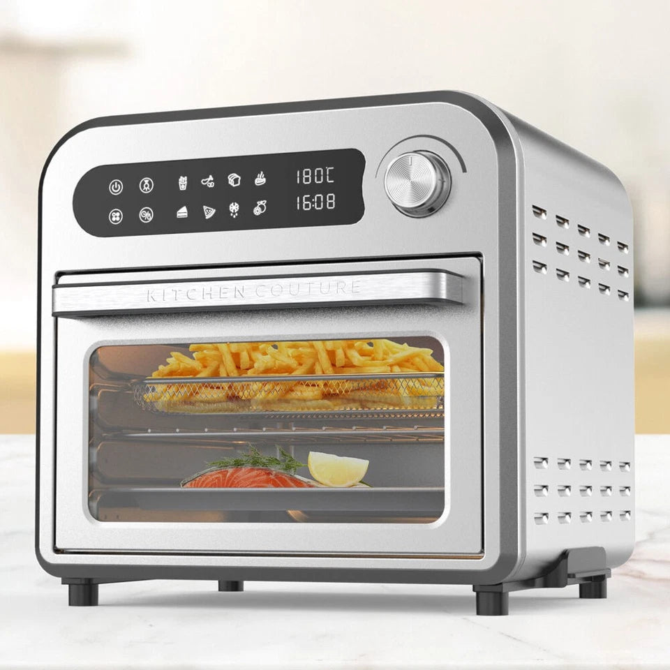 Kitchen Couture 10L Stainless Steel Compact Air Fryer | Oven includes baking tray, crumb tray, stream rack and airfryer basket33x34cm Silver
