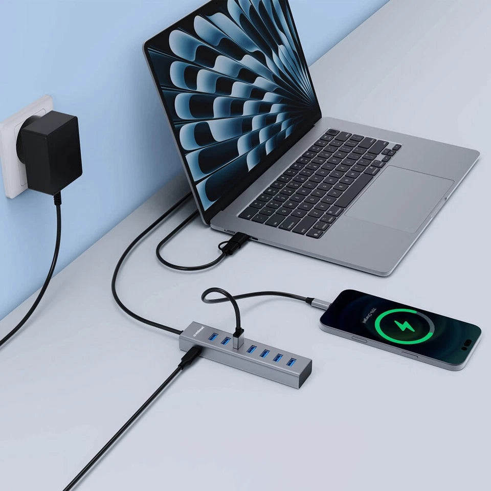 Mbeat 7-Port USB Hub | Dual USB-A & USB-C Connector Silver | 2-in-1 connector |  enabling quick charging of smartphones, tablets, and other USB devices | supporting modern and legacy devices