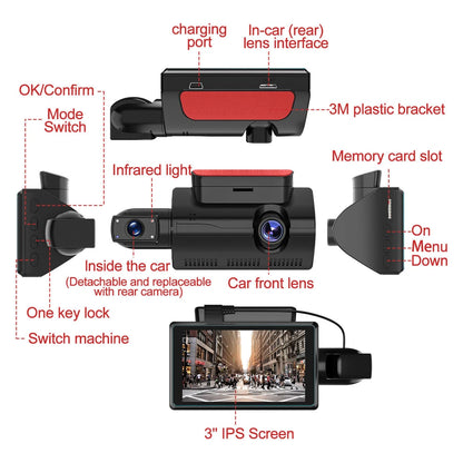 Dash Cam | 1080P Car DVR 3" Dual Lens | Incl G-sensor & Night Vision