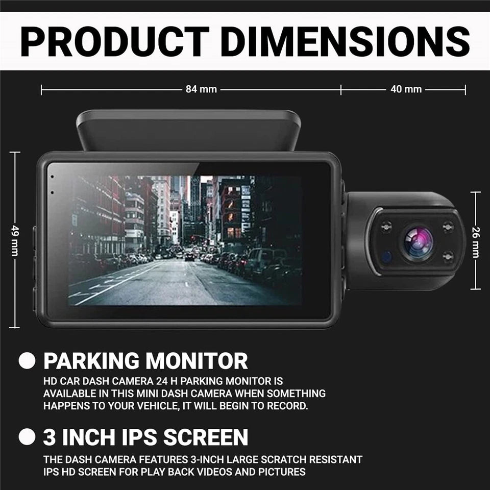 Dash Cam | 1080P Car DVR 3" Dual Lens | Incl G-sensor & Night Vision