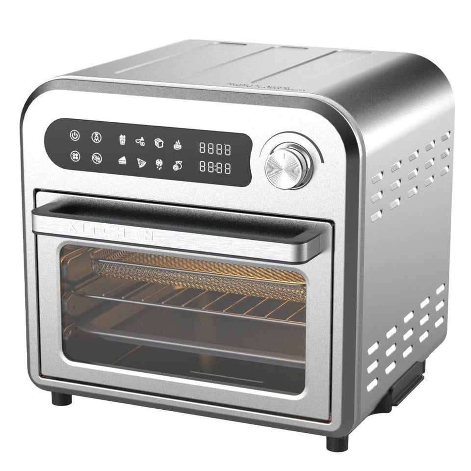 Kitchen Couture 10L Stainless Steel Compact Air Fryer | Oven includes baking tray, crumb tray, stream rack and airfryer basket33x34cm Silver