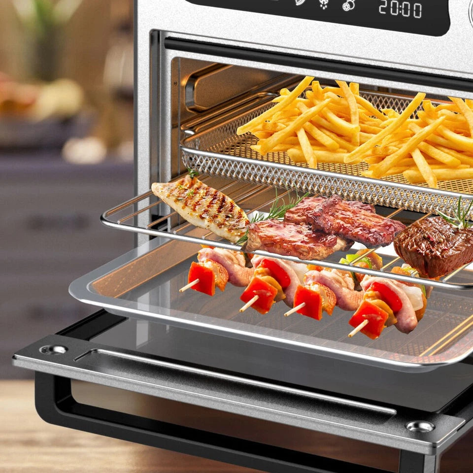 Kitchen Couture 10L Stainless Steel Compact Air Fryer | Oven includes baking tray, crumb tray, stream rack and airfryer basket33x34cm Silver