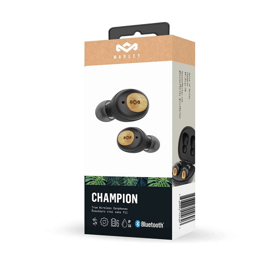 House of Marley Champion True Wireless Bluetooth 5.0 IPX4 Earphones Earbuds BLK | Sustainably Crafted