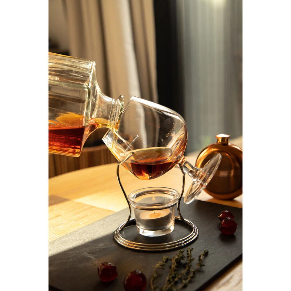 BarCraft Brandy & Cognac Chrome/Glass | 350ml Cup & Warmer Stand Set Clear | Brandy Warmer |