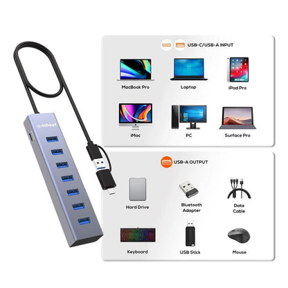 Mbeat 7-Port USB Hub | Dual USB-A & USB-C Connector Silver | 2-in-1 connector |  enabling quick charging of smartphones, tablets, and other USB devices | supporting modern and legacy devices