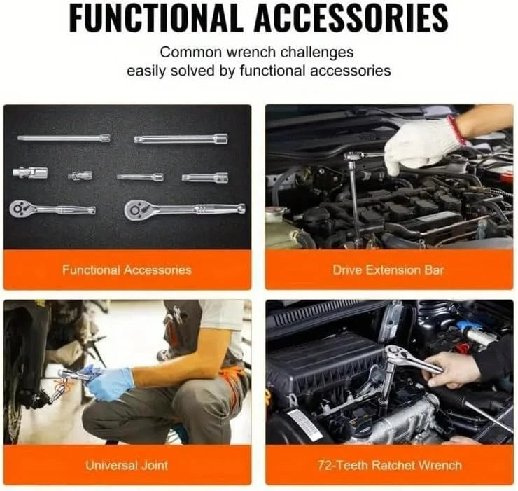 216-Piece Tool Set with Case - Mechanics Tool Kit with 1/4" & 3/8" Drive Sockets