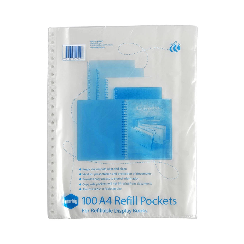 2x 100pc Marbig A4 File Display Book Refill Pocket Sleeve Sheet Protectors Clear