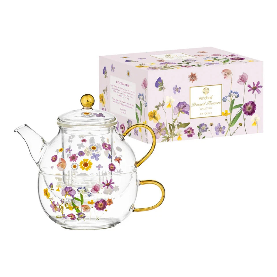 Ashdene Pressed Flowers Tea For One Set | Gift Ideas | Gold Handles | Spring Kitchen