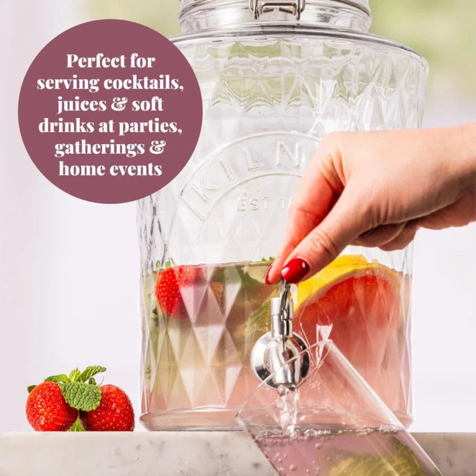 Kilner Clip Top Diamond Dispenser | Stainless Steel Tap | 5L Capacity | Chemical Free Soda Lime Construction | Stylish
