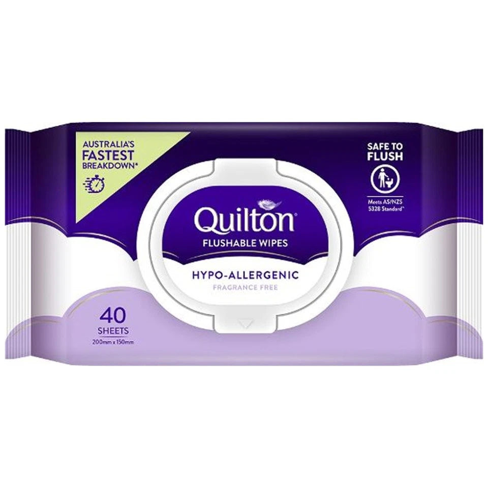 Quilton Flushable Wet Wipes 12x 40pc | Hypo-Allergenic Fragrance Free 20x15cm