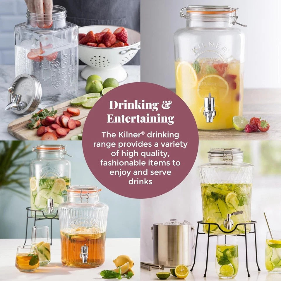 Kilner Clip Top Diamond Dispenser | Stainless Steel Tap | 5L Capacity | Chemical Free Soda Lime Construction | Stylish
