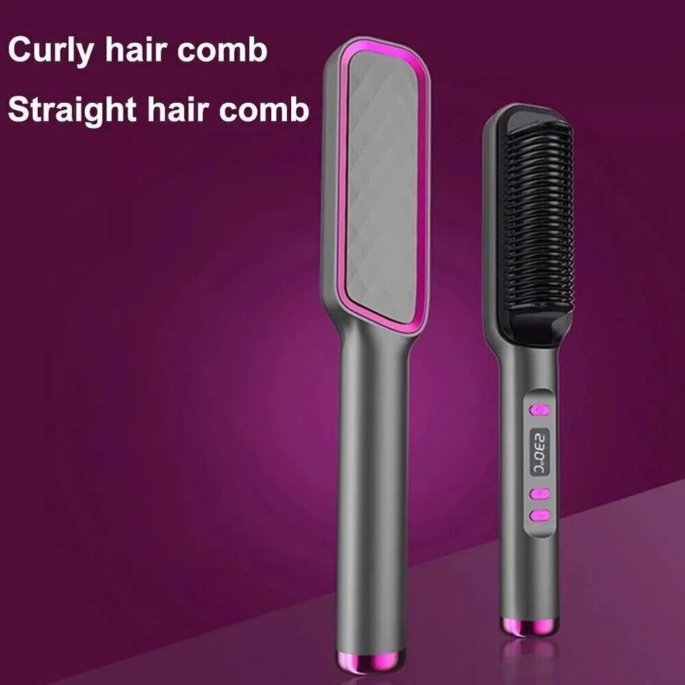 2 In1 Negative-ion Hair Straightener Brush | Curling Salon Styling Comb Ceramic | Purple