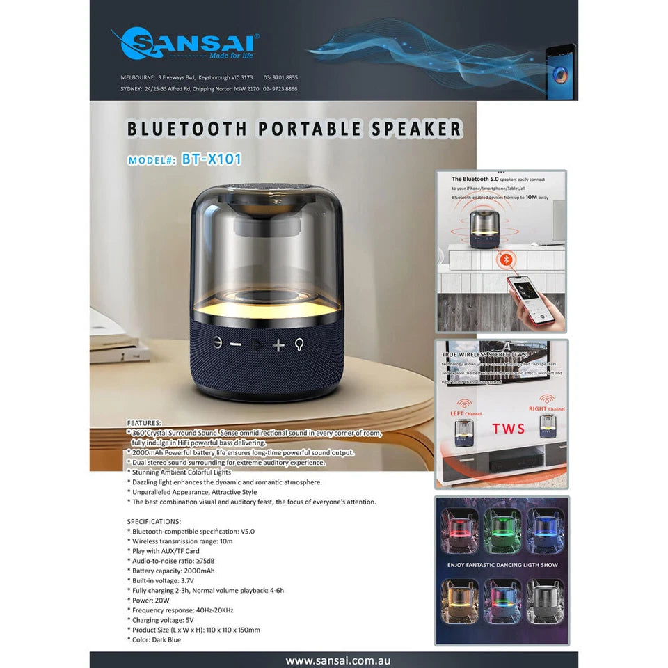 Sansai 14.5cm Bluetooth RGB | Colourful Wireless Speaker 20W Music/Audio Playing | Dual Stereo Crystal