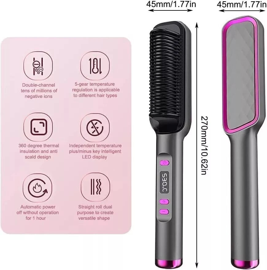 2 In1 Negative-ion Hair Straightener Brush | Curling Salon Styling Comb Ceramic | Purple
