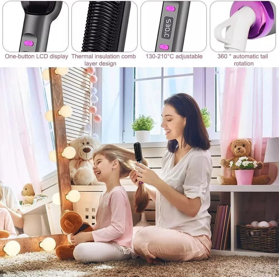 2 In1 Negative-ion Hair Straightener Brush | Curling Salon Styling Comb Ceramic | Purple