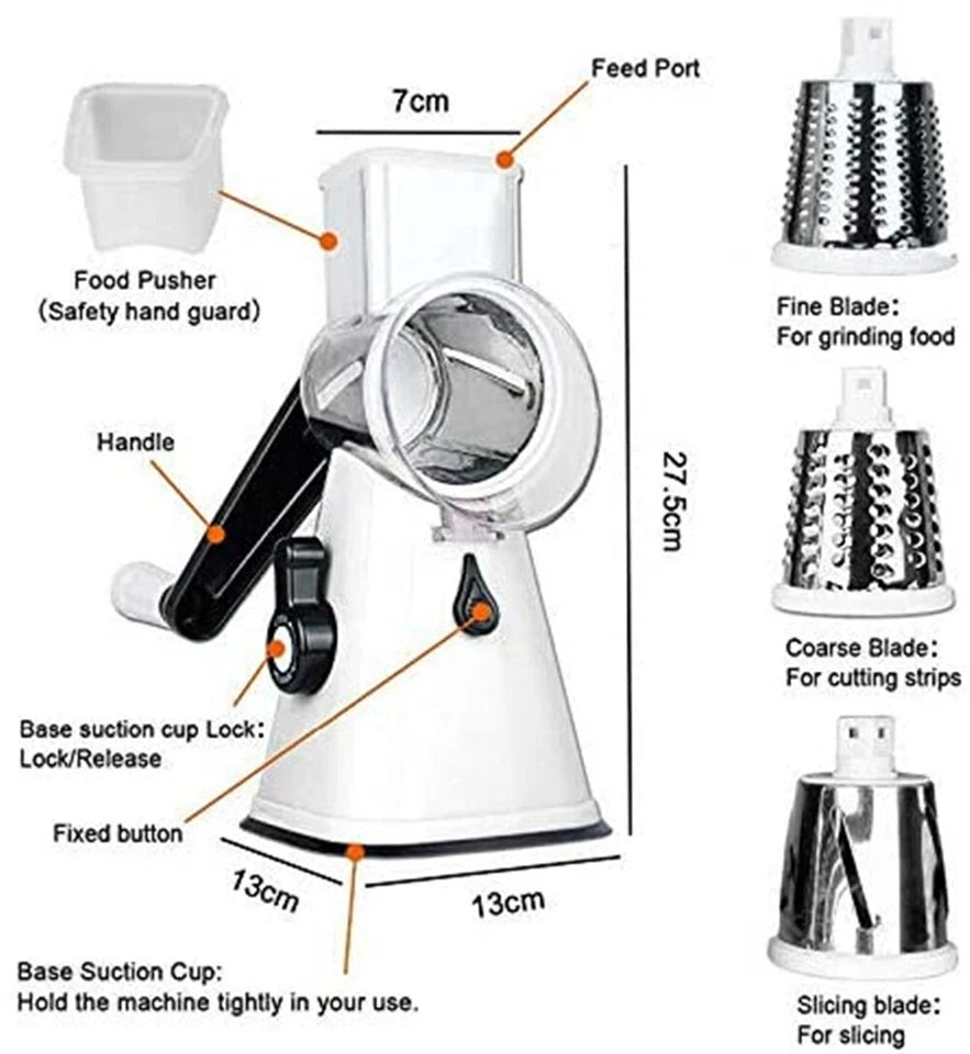 Kitchen Vegetable Food Slicer | Manual Rotary Drum Grater Chopper Slicer Fruit Cutter | Three Drum Blade | Safe Design
