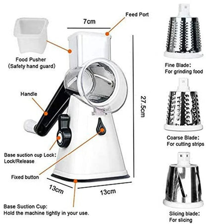 Kitchen Vegetable Food Slicer | Manual Rotary Drum Grater Chopper Slicer Fruit Cutter | Three Drum Blade | Safe Design